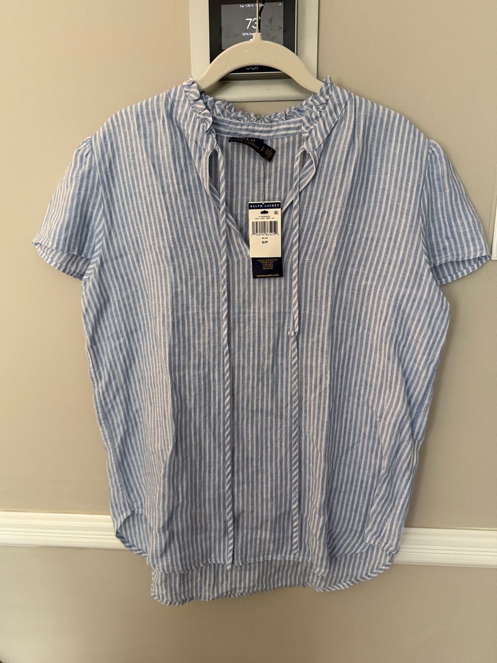 NWT Ralph Lauren Light Blue & White Striped Short-Sleeve Linen Shirt - Sz Small